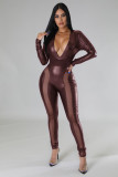 PU leather splicing mesh tight high elastic sexy jumpsuit