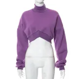 Solid casual open navel high collar long sleeve slim short top
