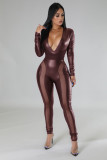 PU leather splicing mesh tight high elastic sexy jumpsuit