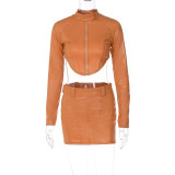 Fashion open navel zipper long sleeve top slim belt skirt suit