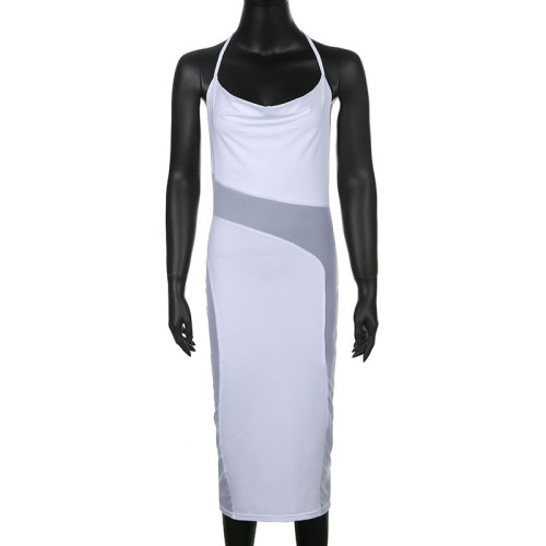 Solid mesh panel pile neck sling sleeveless slim elegant dress