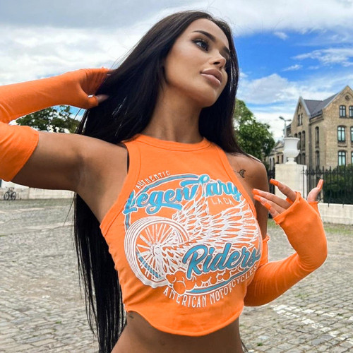 Women's fashion printing dirty orange hot girl wrapped chest sleeve two-piece top