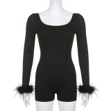 Black tight waist slim square neck backless long sleeve patchwork wool basic one-piece shorts