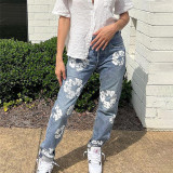 Women's New Street Fashion Versatile Daisy Print High Waist Straight Fit Jeans