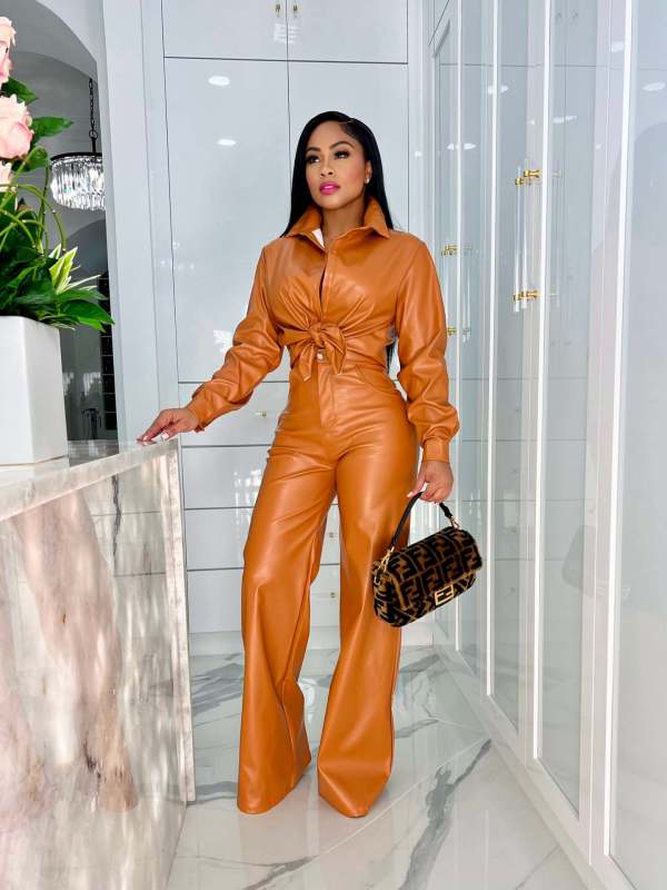 Fashion casual solid color long sleeve lapel pu leather suit