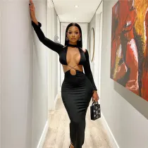Sexy Spice Girl Hollow out Splice Solid Slim Wrap Hip Dress
