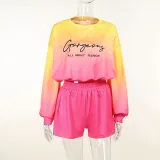 Knitted round neck gradient contrast embroidered long sleeved T-shirt Autumn women's ins fashion brand shorts set