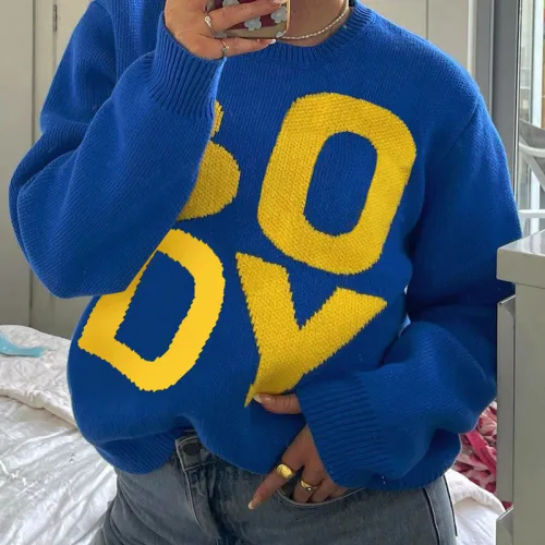 Knitted letter embroidery large size long sleeve sweater ins fashion label autumn women's loose casual top