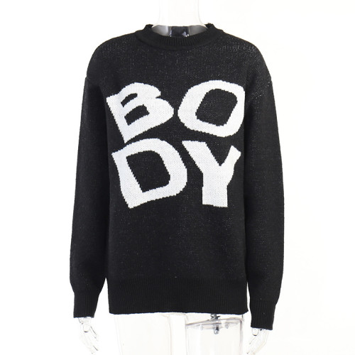 Knitted letter embroidery large size long sleeve sweater ins fashion label autumn women's loose casual top