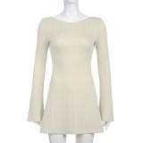 Women's U-shaped backless sexy slim solid micro flare long sleeve knitted dress