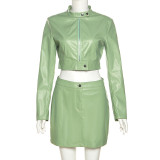 Women's fashion long sleeve zipper coat slim bag hip skirt leather suit