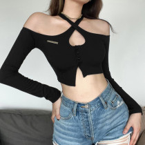 Women's solid slim exposed navel street fashion off shoulder long sleeve T-shirt