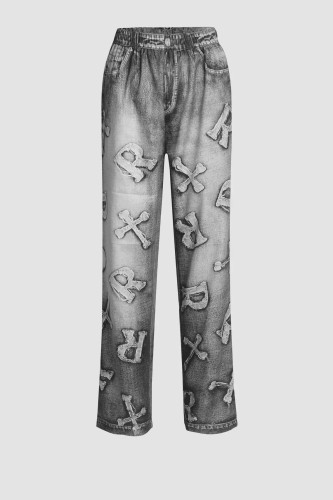 Fashion imitation denim printed loose pile pants