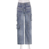Tie dyed distressed high waist zipper straight tube loose irregular splicing pocket vintage denim trousers