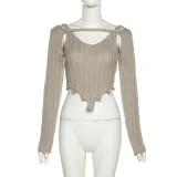 Women's solid slim exposed navel street fashion V-neck long sleeve T-shirt