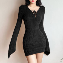 Women's solid sexy long sleeved lace up hip dress