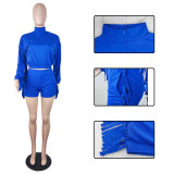 Women's fashion solid color tassel long sleeved shorts sports suit with pockets