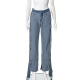 Fashion street color contrast seam pocket zipper slim casual jeans trousers
