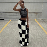 Women's fashion high waist slim slit hip bag checkerboard skirt