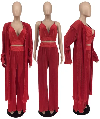 Women's sexy, fashionable and comfortable pleated cloth long cape wide leg pants 3-piece set