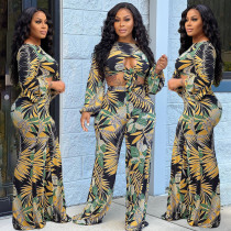 Crew neck sexy printed long sleeve wide leg pants two-piece set