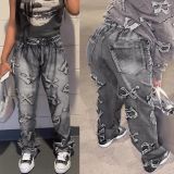 Fashion imitation denim printed loose pile pants