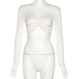 Women's long sleeve round neck design pleated short open navel slim t-shirt