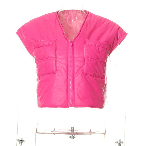 Fashion Versatile Zip Pocket Sleeveless Short Vest Top