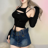 Women's solid color slim fashion strap sexy backless long sleeve T-shirt