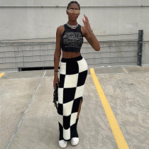 Women's fashion high waist slim slit hip bag checkerboard skirt