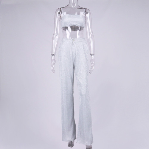 Women's fashion shiny silver suspender vest trousers two-piece set