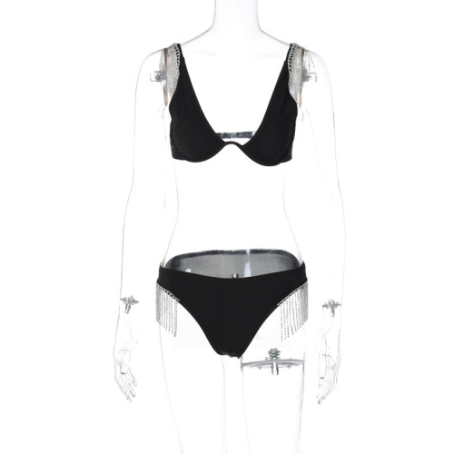 Tassel diamond chain sling bikini swimsuit two-piece suit