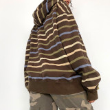 Fashion Stripe Print Loose Hooded David Dress Hot Girl Lace up Warm Casual Coat