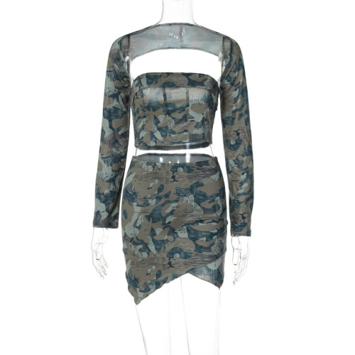 Camouflage printed temperament long sleeve shawl wrap bust skirt three piece dress