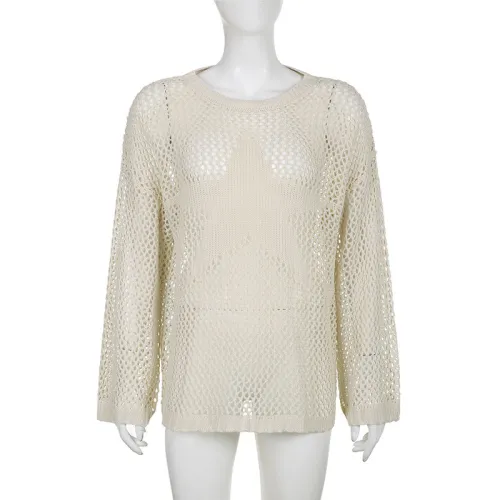 Hollow out mesh five pointed star loose shawl woolen blouse light breathable mesh top