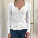 Half open necked breasted slim V-neck basic top European and American hot girls fall thin bottomed T-shirt