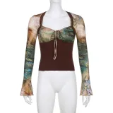 Printed Lace Splice V-Neck Chest Lace Up Top Spice Girl Style Elastic Slim T-Shirt