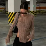 Irregular side split woolen blouse Women's fashion trend personality Versatile hole long sleeve top