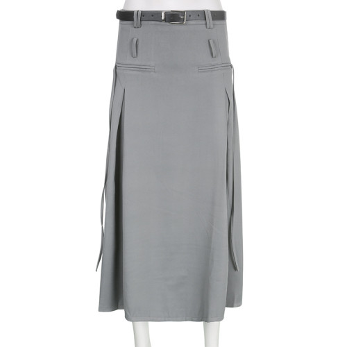 Double waist head with belt Slim mid length skirt High temperature shape setting splicing pleated tooling skirt