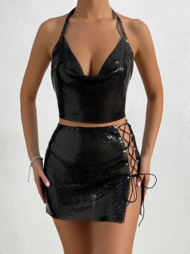 Sexy sequin suspender strapping skirt
