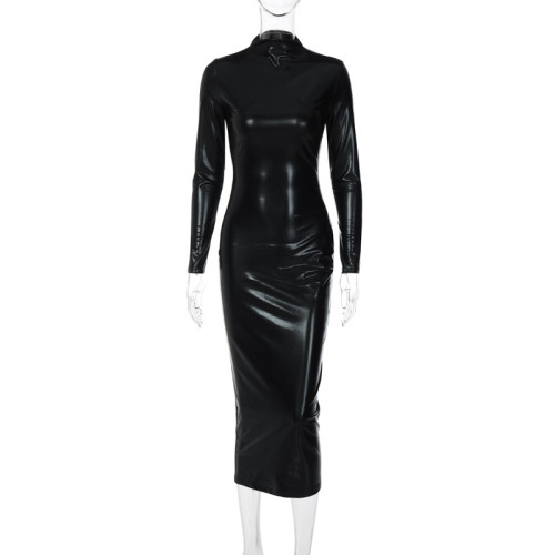 Fashion faux leather dark solid slim dress