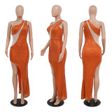 Perspective polyester mesh splicing sequin slant shoulder height slit dress