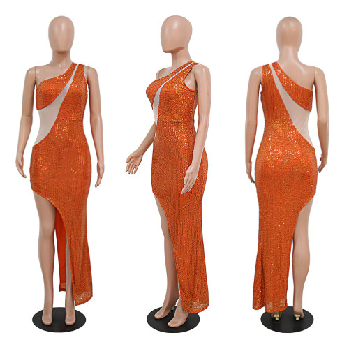 Perspective polyester mesh splicing sequin slant shoulder height slit dress