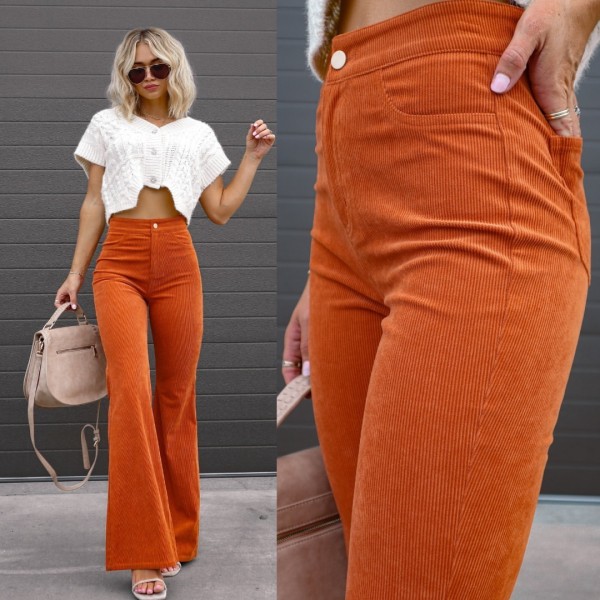 High waist pocket micro speaker solid corduroy fastener zipper trousers