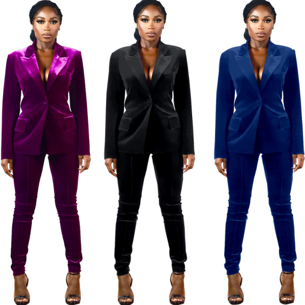 Sexy women's solid color dark V fashion suit two-piece set