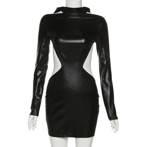 Sexy cut out imitation leather back neck hanging high waist tight solid color hip wrap dress