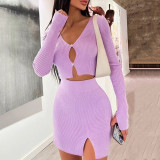 Woven women's sweater two-piece new sexy V-neck long sleeve high waist skirt suit in autumn and winter