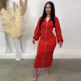 Solid double zipper pleated sleeve dress