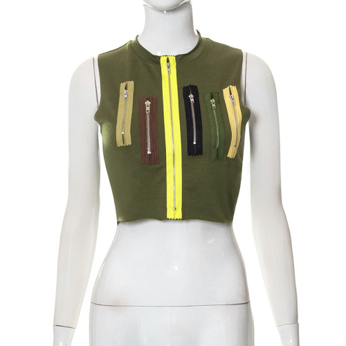 Fashionable street zipper contrast vintage sleeveless short top