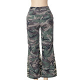 Fashion printed camouflage pocket overalls flare pants